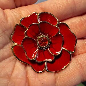 Liz Claiborne LC Red Enamel Flower Brooch | Glossy Vintage Pin | 2 Inch Floral